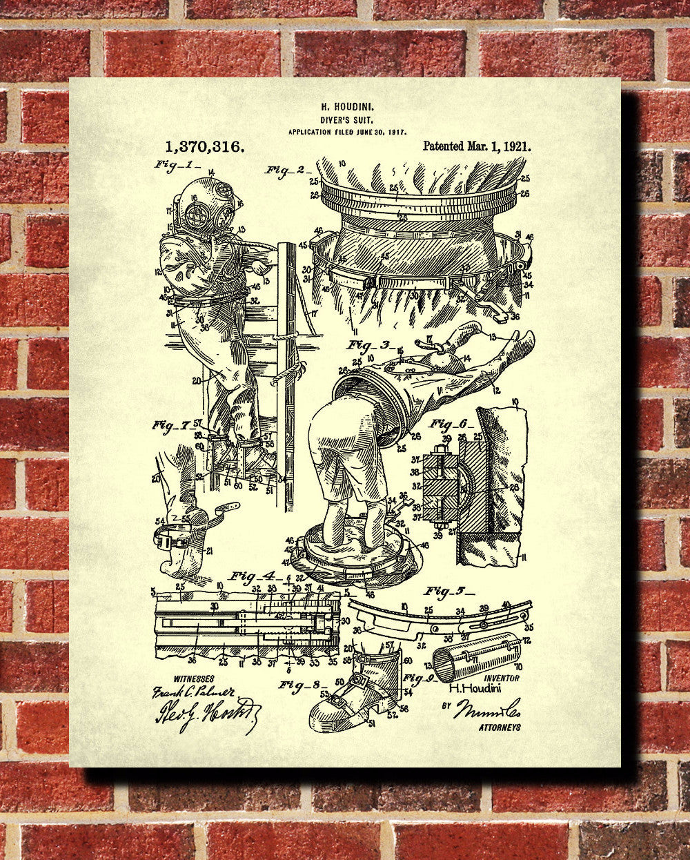 Houdini Patent Print Dive Suit Blueprint Magician Poster - OnTrendAndFab