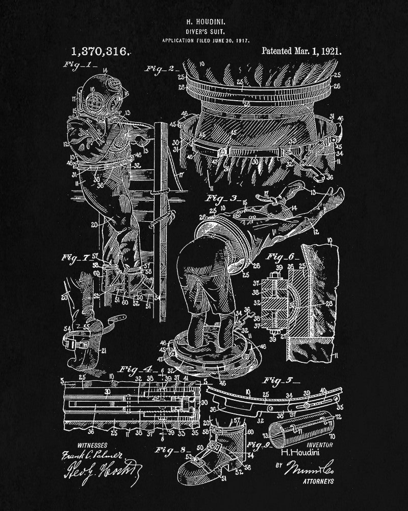Houdini Patent Print Dive Suit Blueprint Magician Poster - OnTrendAndFab