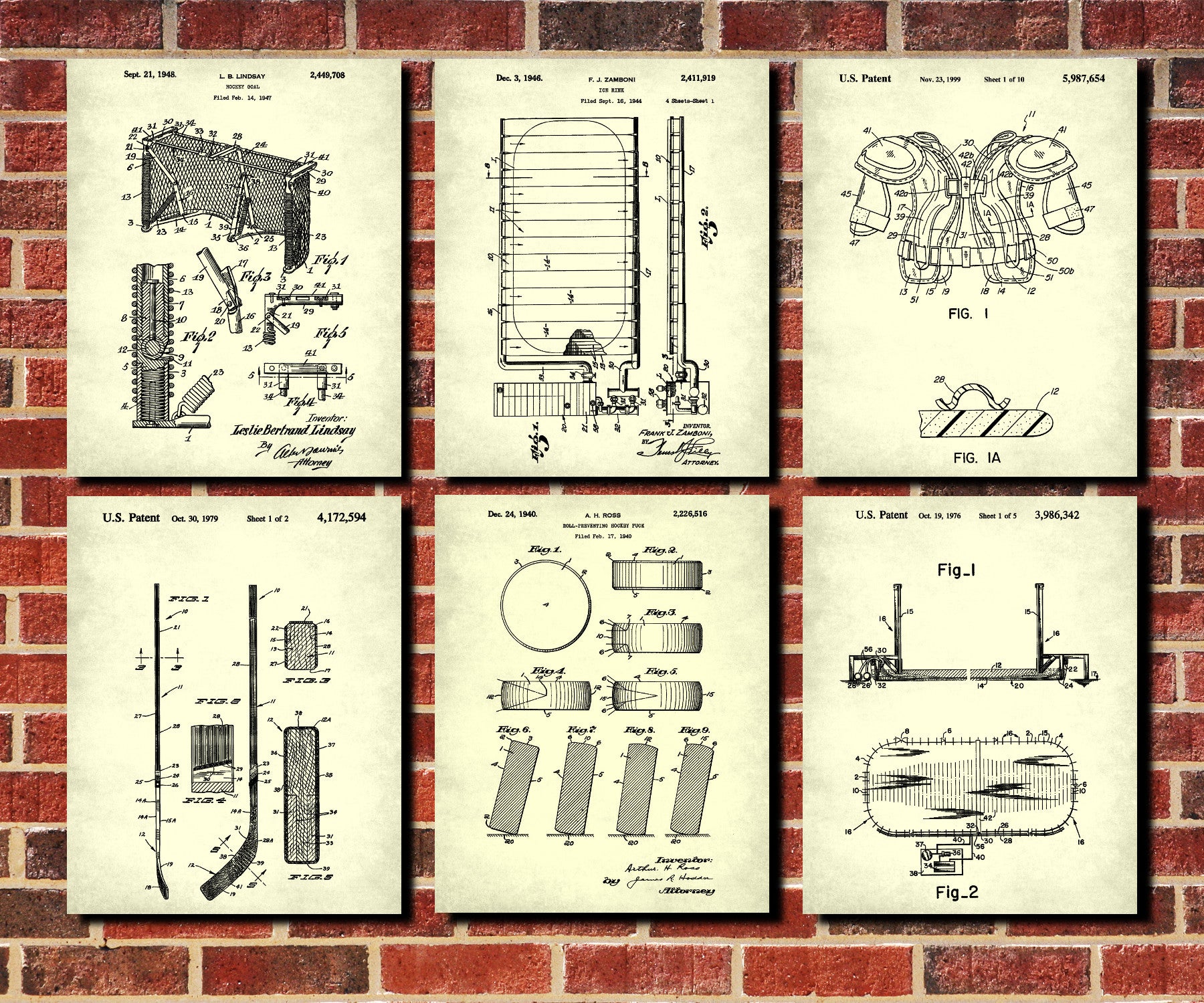 Ice Hockey Patent Prints Set 6 Ice Skating Posters Sports