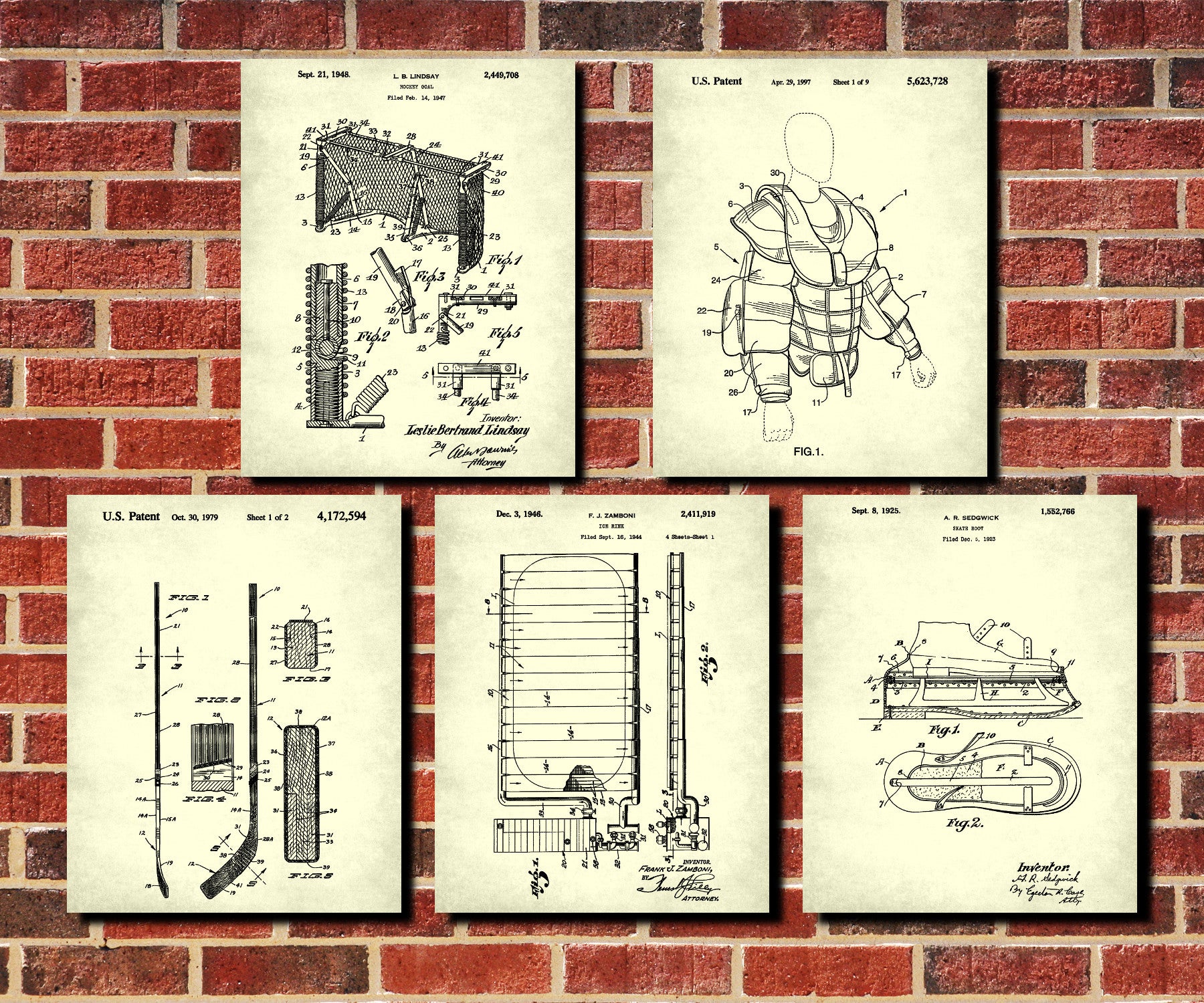 Ice Hockey Patent Prints Set 5 Sports Blueprint Posters