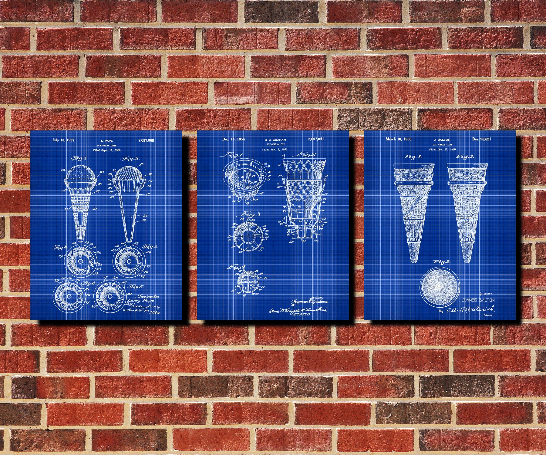 Ice Cream Cones Patent Prints Set 3 Cafe Posters - OnTrendAndFab
