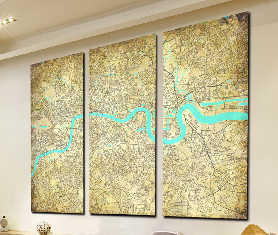London Street Map 3 Panel Canvas Wall Map
