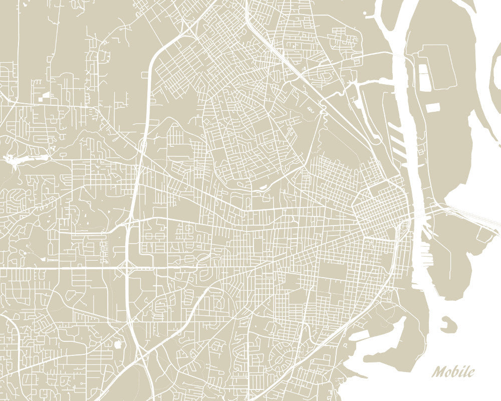 Mobile, Alabama City Street Map Print Feature Wall Art Poster