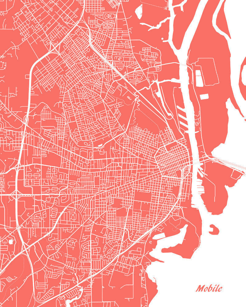 Mobile, Alabama City Street Map Print Feature Wall Art Poster