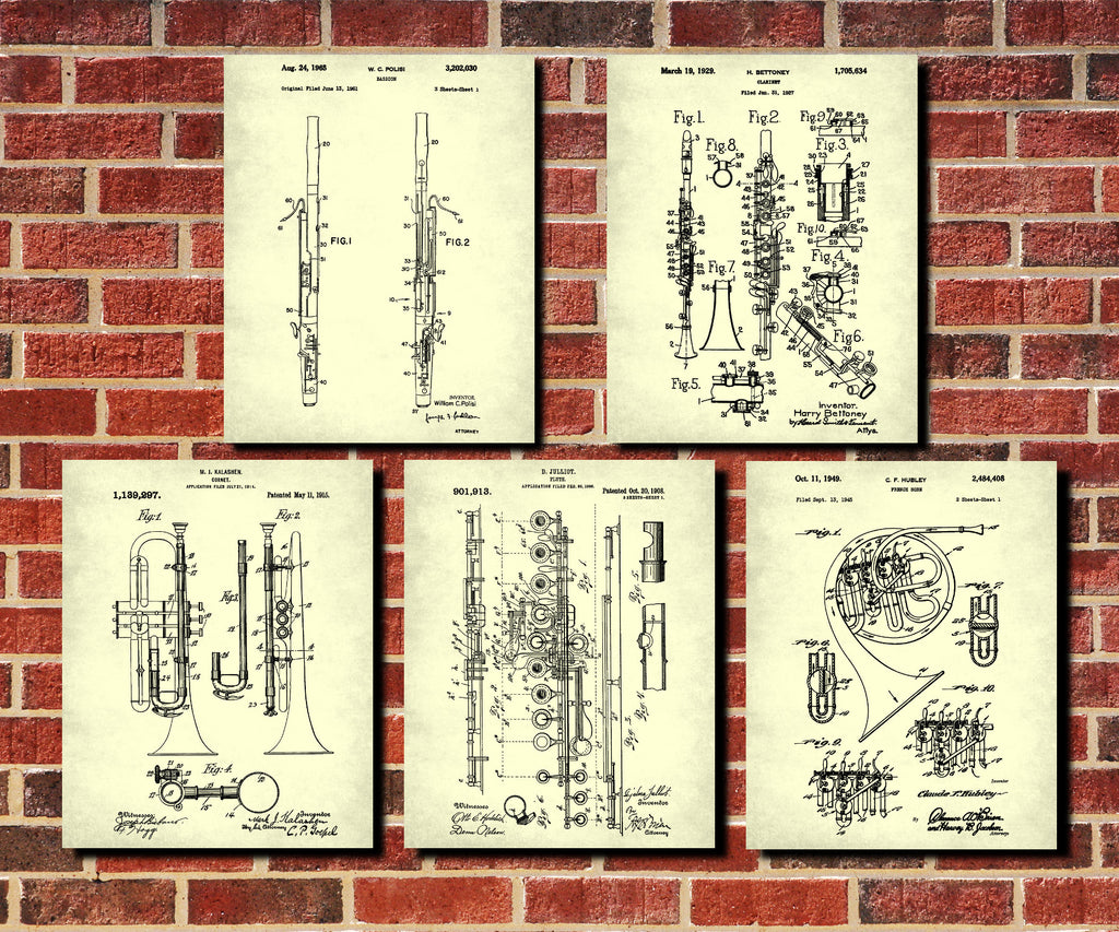 Orchestral Instruments Patent Prints Set 5 Music Posters 