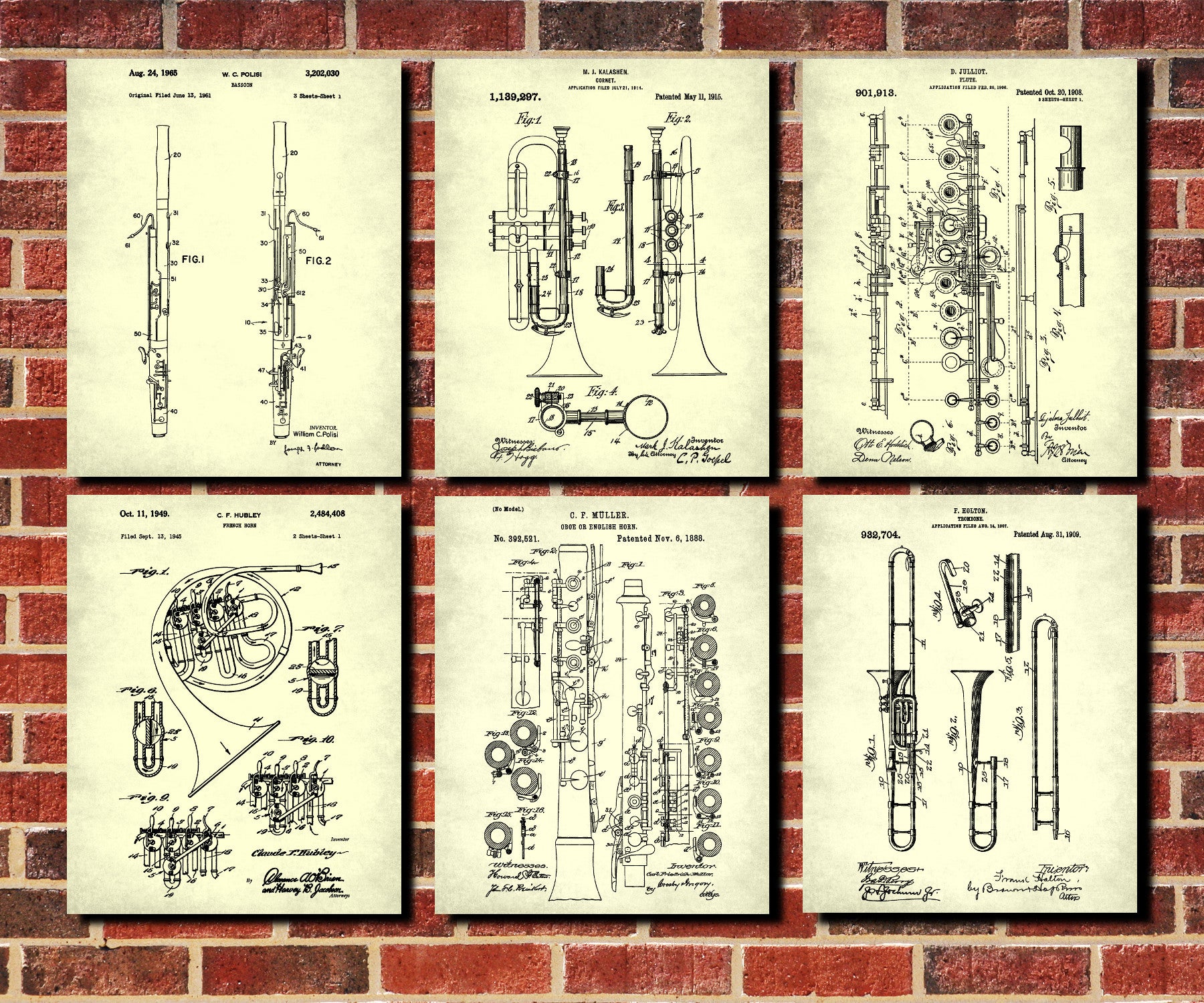 Musical Instruments Wall Art Posters Orchestra Patent Prints Set 6B