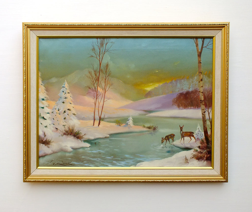 Vintage Oil Painting Winter Landscape Signed Framed Snow Scene Scandinavian Sunset