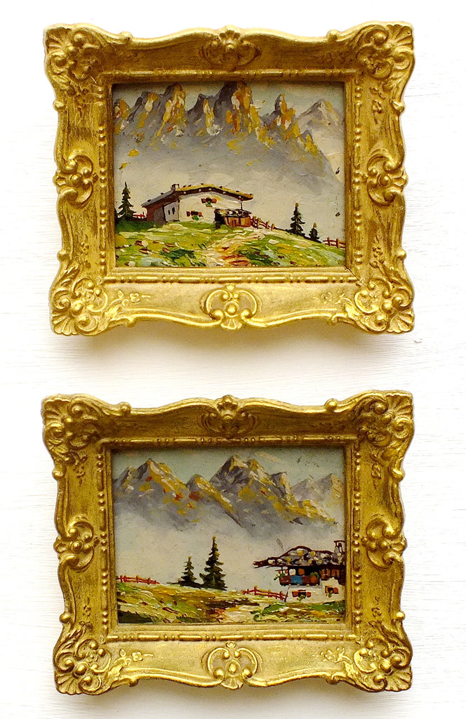 Pair of Miniature Oil Paintings Vintage Framed Swiss Landscape Mountain Scenes