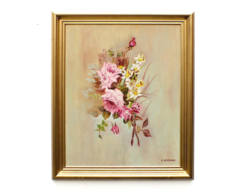 Pink Roses Still Life Vintage Oil Painting Framed Original Flowers