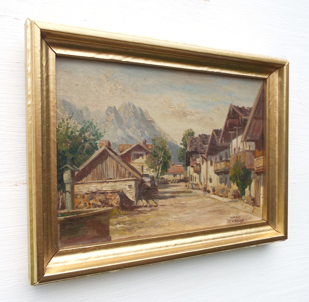 Alpine Village Bavarian Landscape Oil Painting Framed Miniature