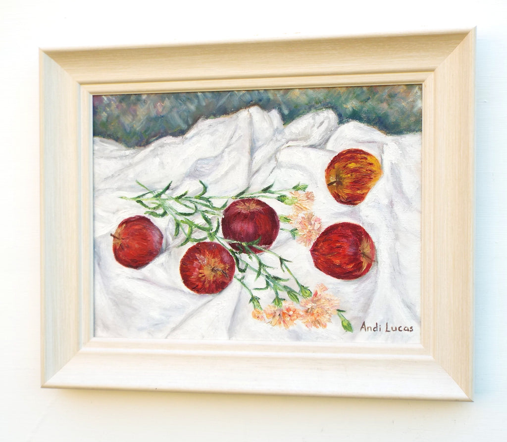 Apples Carnations Still Life Oil Painting Signed Framed Original