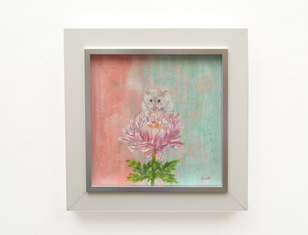 White mouse painting Original framed cute mouse painting Pink flower