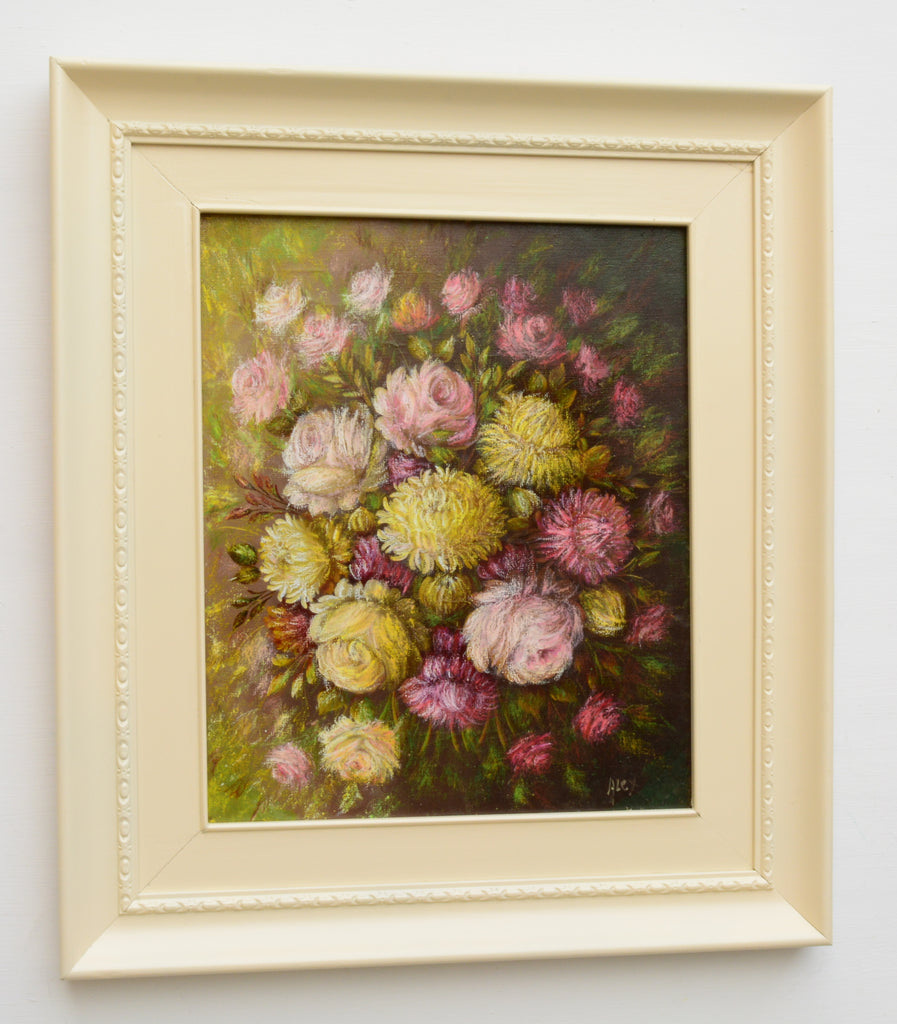 Roses Chrysanthemums Still Life Floral Vintage Oil Painting Framed