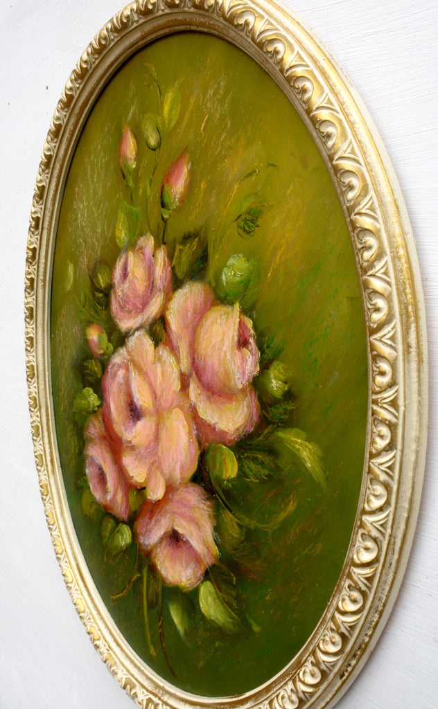 Pink Roses Still Life Oil Painting Framed Oval Original Vintage Oil Painting Flowers Painting Floral art Rose