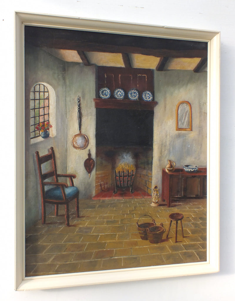 Country Cottage Oil Painting Open Fireplace Framed Original