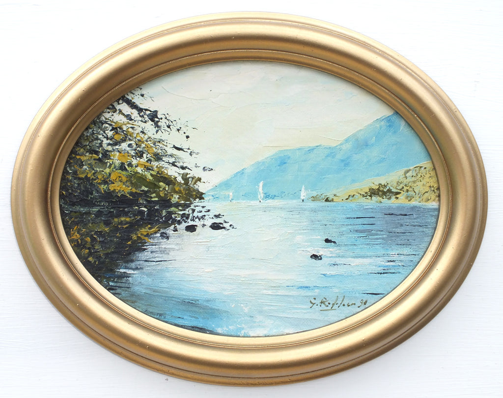 Sailing Boats on Ullswater, Lake District Oil Painting Framed Oval miniature - GalleryThane.com