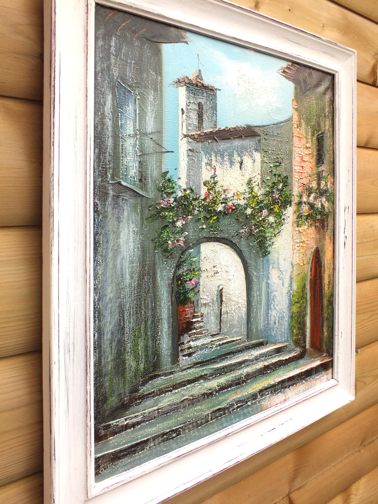 Spanish Village Scene Oil Painting Framed Original Vintage Architecture