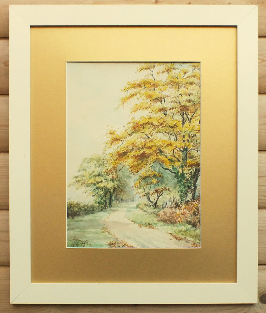 Antique Watercolor Painting, English Country lane Landscape, Framed Signed Original
