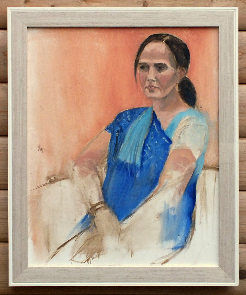 Woman in Blue Saree, Portrait Framed Oil Painting Penny Manners