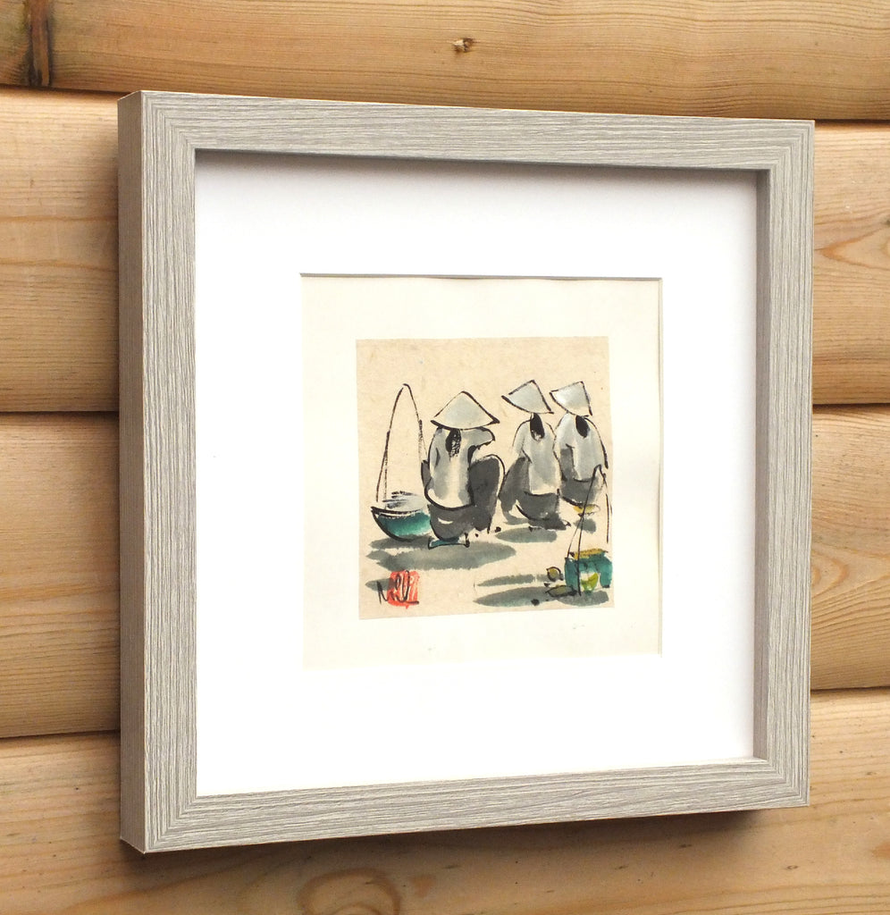 Thai Women in Straw Hats, Original Pen and Ink, Mounted and Framed