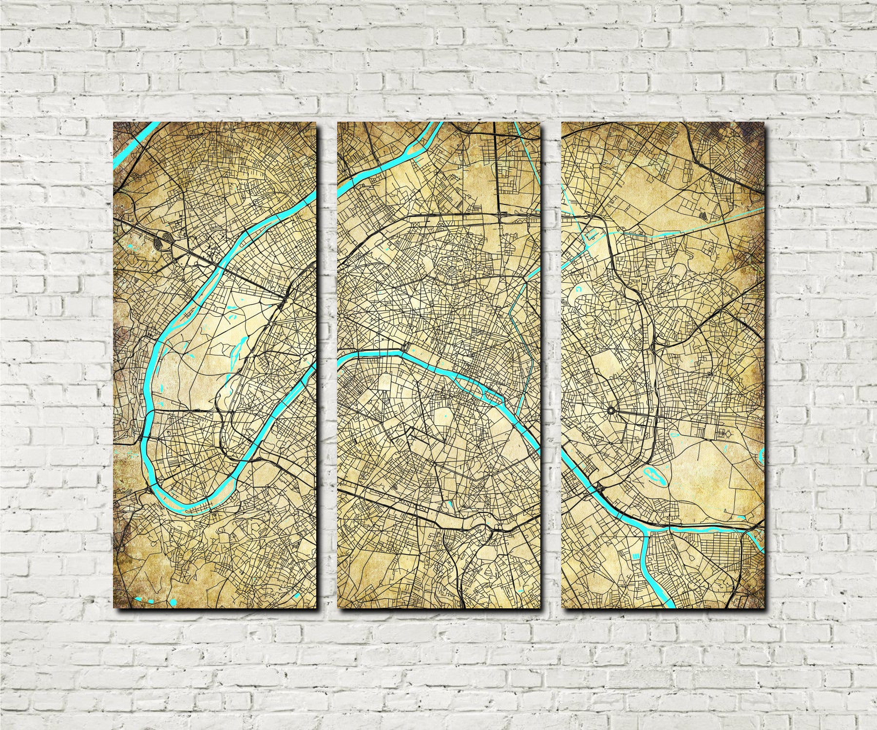 Paris Street Map 3 Panel Canvas Wall Map