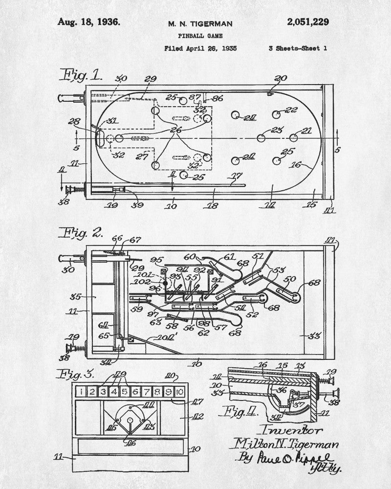 Pinball Machine Patent Print Bar Blueprint Man Cave Poster