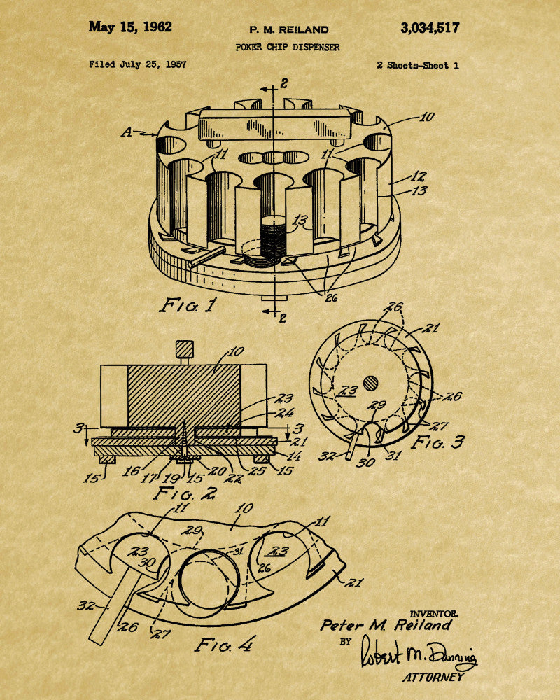 Poker Chip Dispenser Patent Poster Casino Print Gambling Art