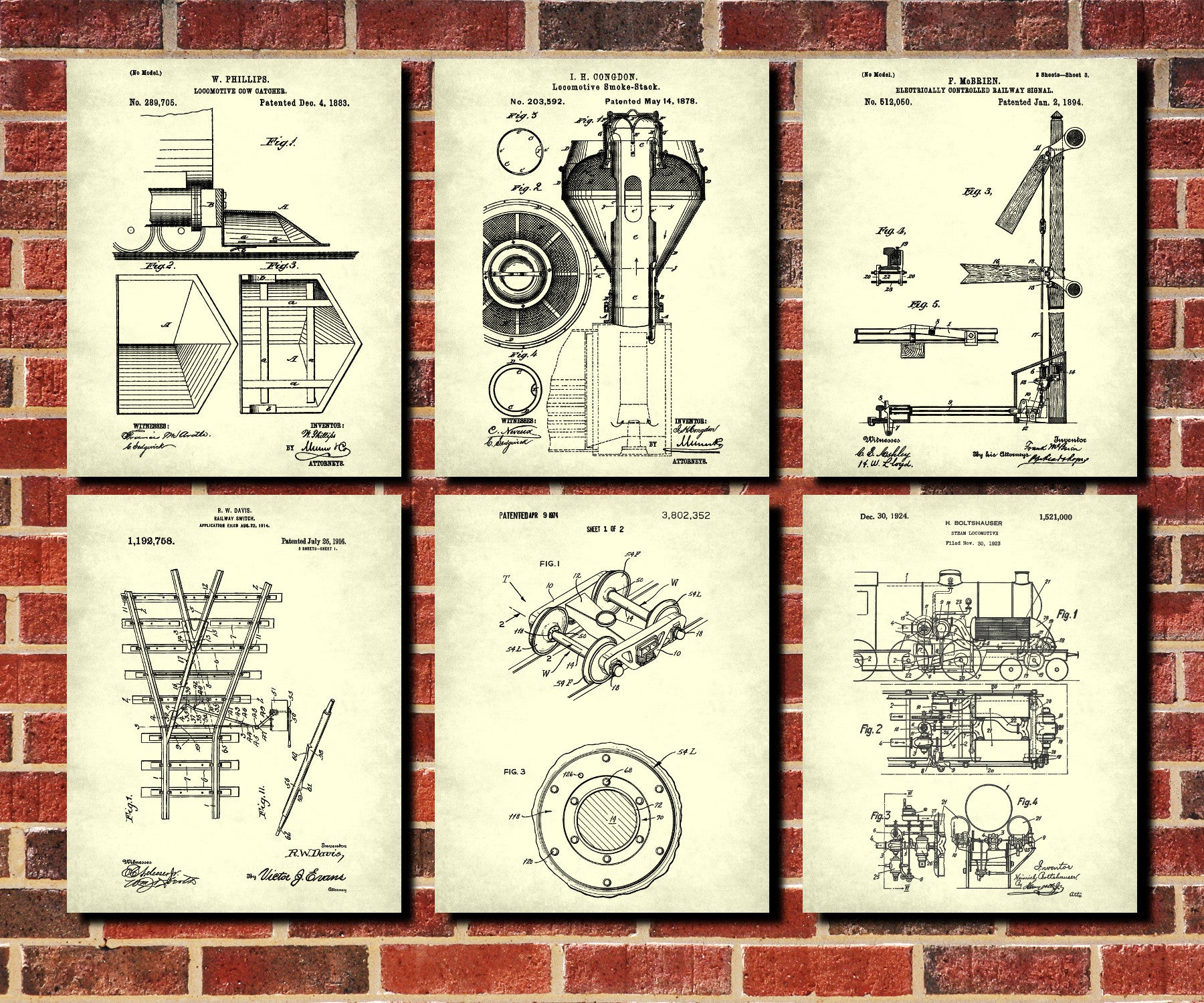 Railway Wall Art Set 6 Train Posters Railroad Patent Prints