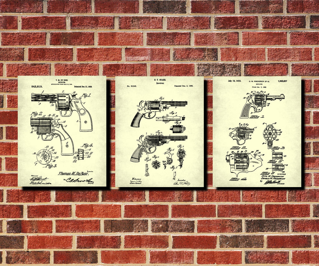 Revolver Patent Posters Firearm Art Weapons Set 3 Prints - OnTrendAndFab