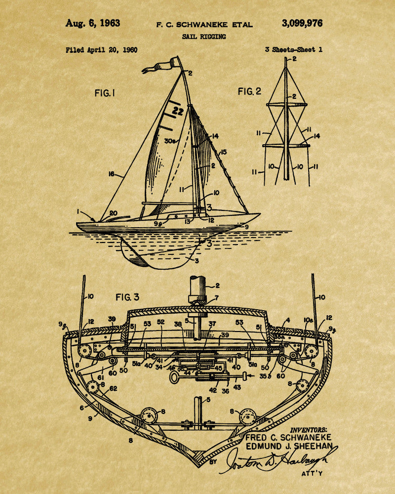 Sail Boat Rigging Patent Nautical Art Print Sailing Poster