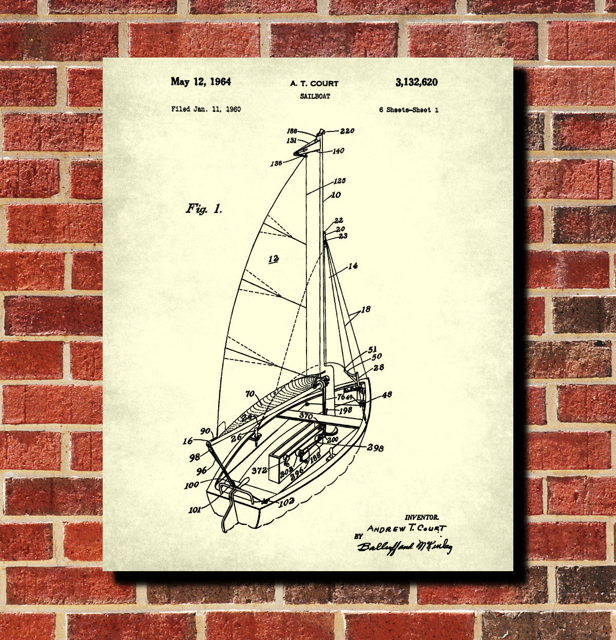 Sailboat Blueprint Art Nautical Patent Print Sailing Poster