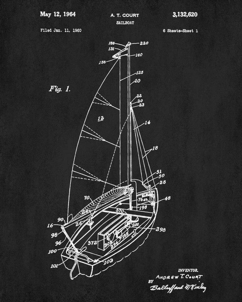 Sailboat Blueprint Art Nautical Patent Print Sailing Poster