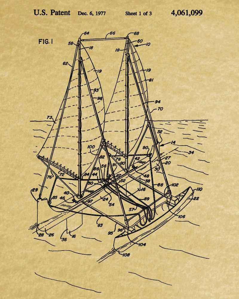 Sail Boat Outrigger Poster Nautical Patent Print Sailing Poster