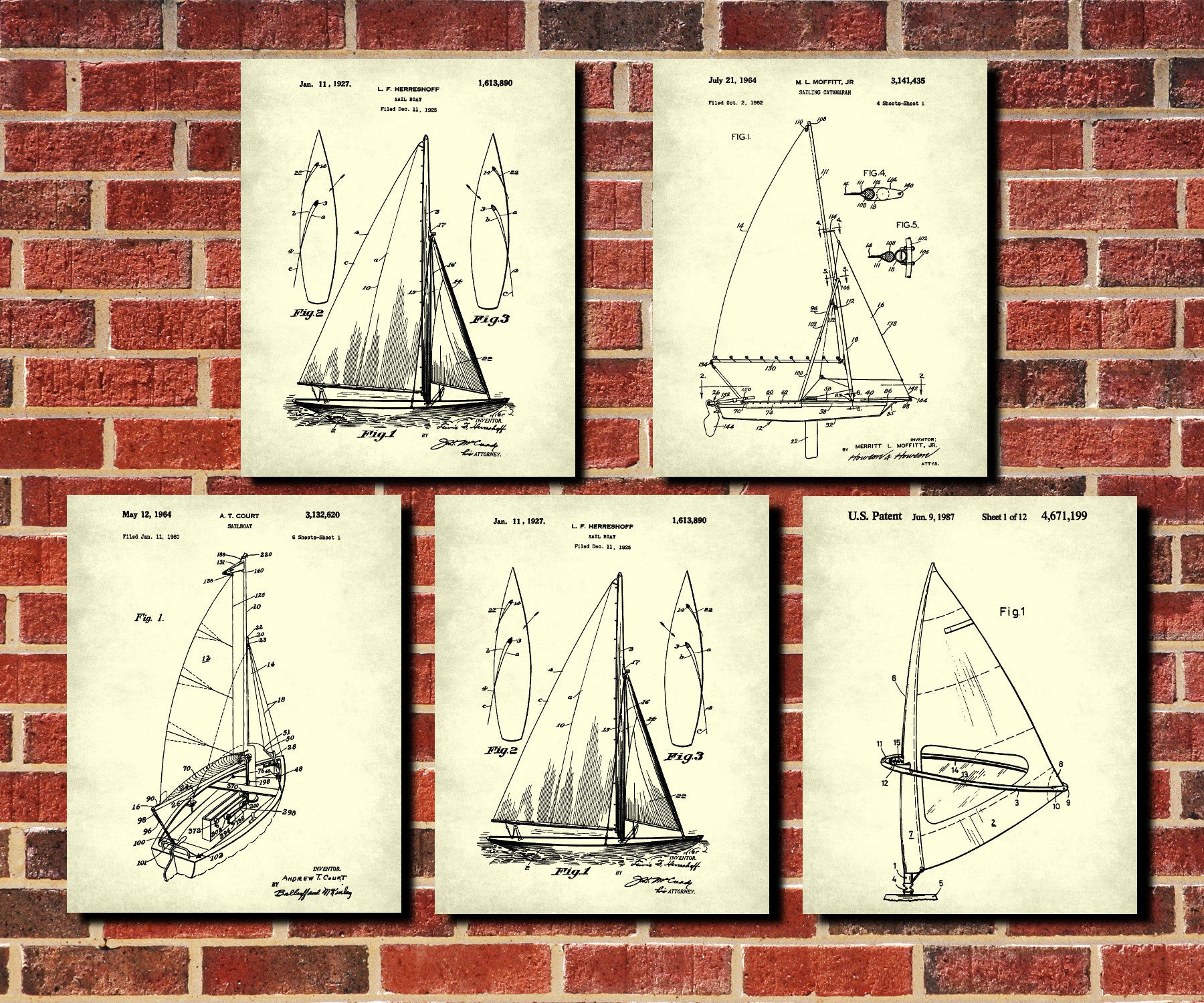 Sailing Patent Prints Set 5 Sail Boat Posters Sailor Gift