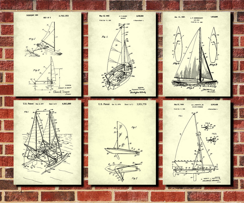 Sailing Posters Set 6 Nautical Art Sail Boat Patents Prints