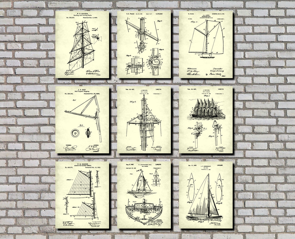Sailing Posters Set 9 Sail Boat Patents Nautical Art Prints