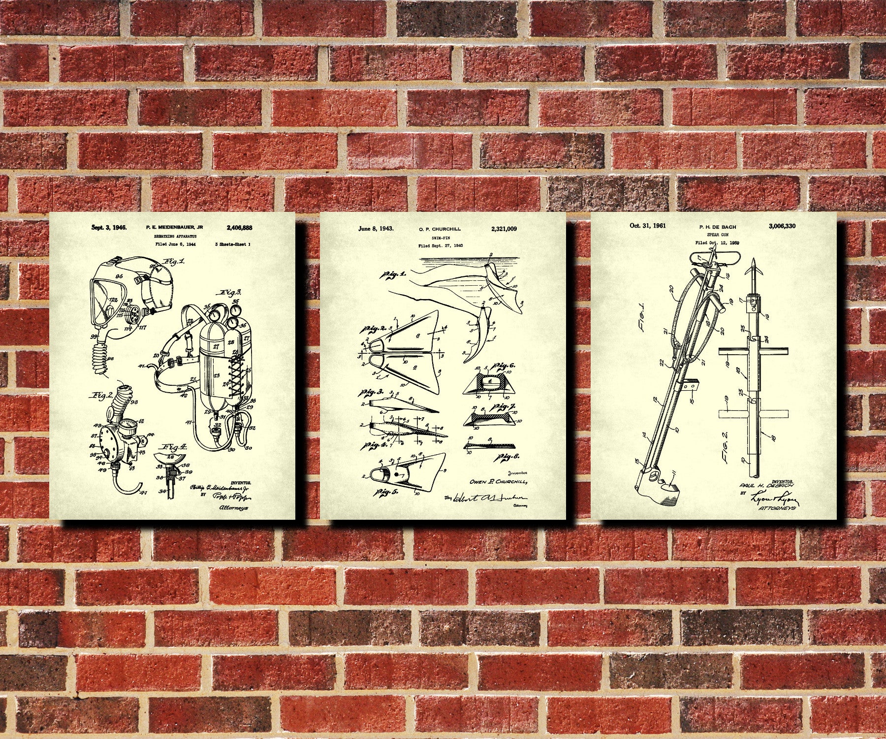 Scuba Diving Patent Prints Set 3 Dive Posters Diver Gift