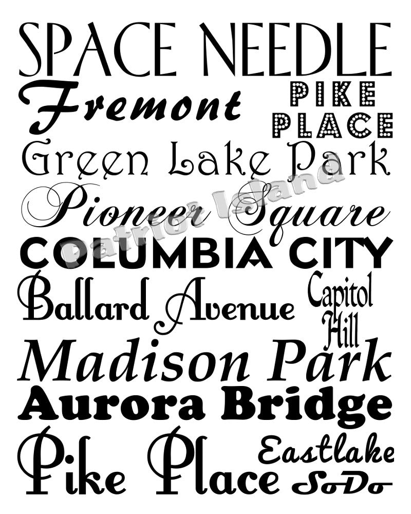 Seattle Neighbourhood Print Typography Scroll