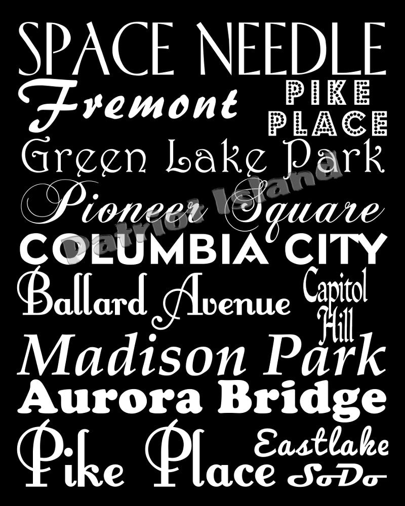 Seattle Neighbourhood Print Typography Scroll