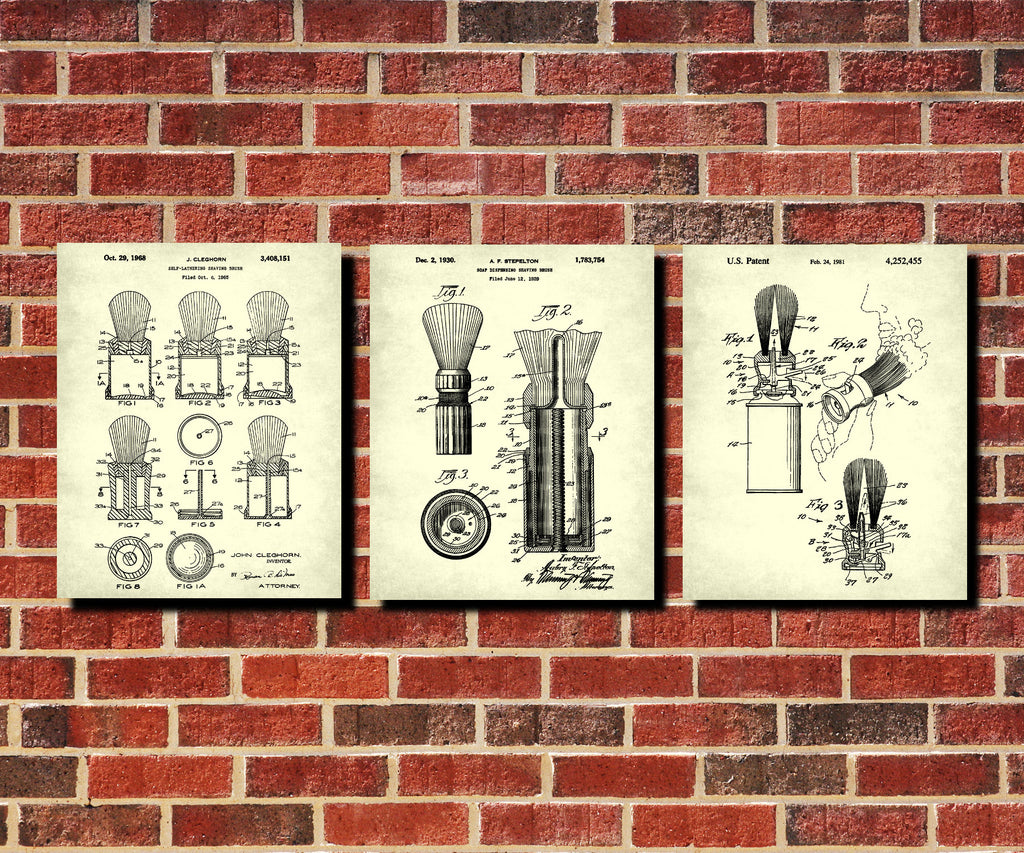 Shaving Brush Patent Prints Set 3 Bathroom Posters Barber Wall Art