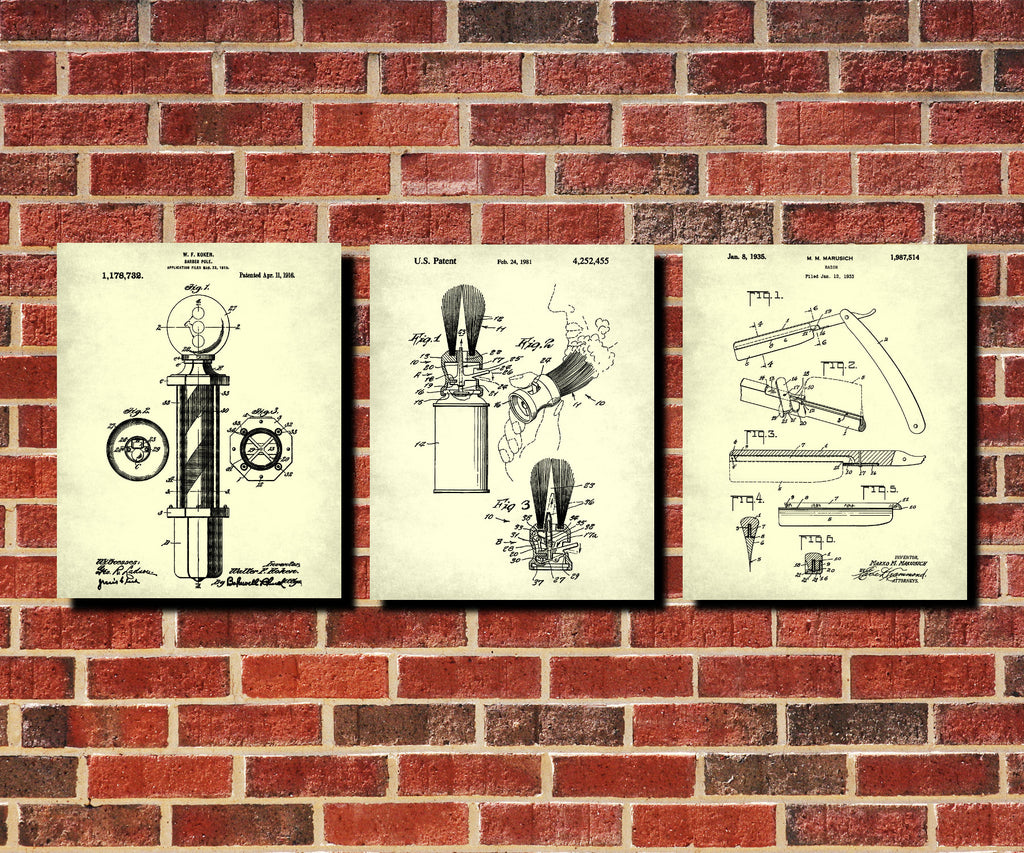 Shaving Patent Prints Set 3 Barber Posters Bathroom Wall Art