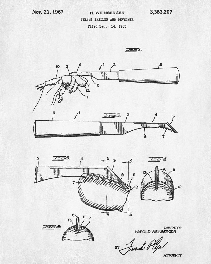 Shrimp Sheller Patent Print Kitchen Poster Cafe Wall Art