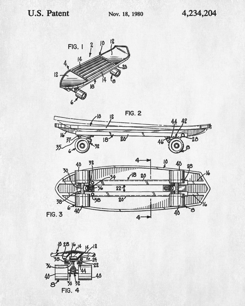 Skateboard Patent Print Skateboarding Blueprint Sports Poster - OnTrendAndFab