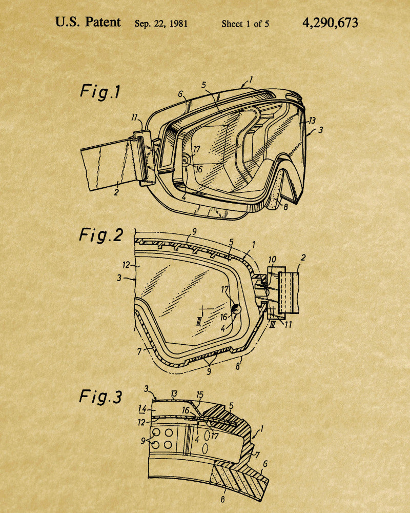 Ski Goggles Patent Print Skiing Blueprint Winter Sports Poster