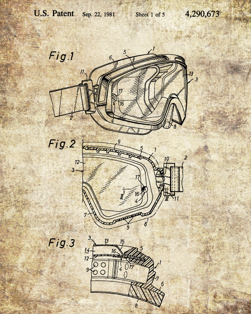 Ski Goggles Patent Print Skiing Blueprint Winter Sports Poster