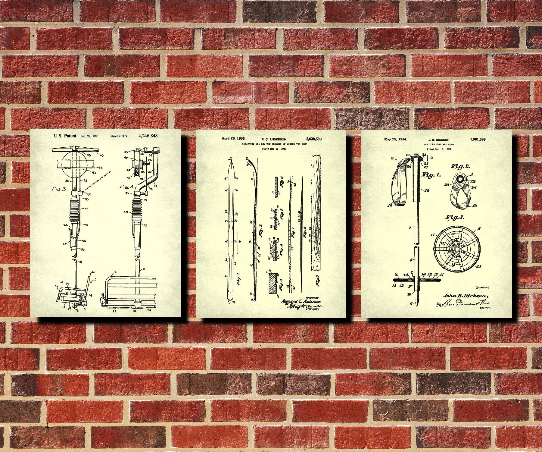 Skiing Patent Prints Set 3 Posters Ski Wall Art Cabin Decor