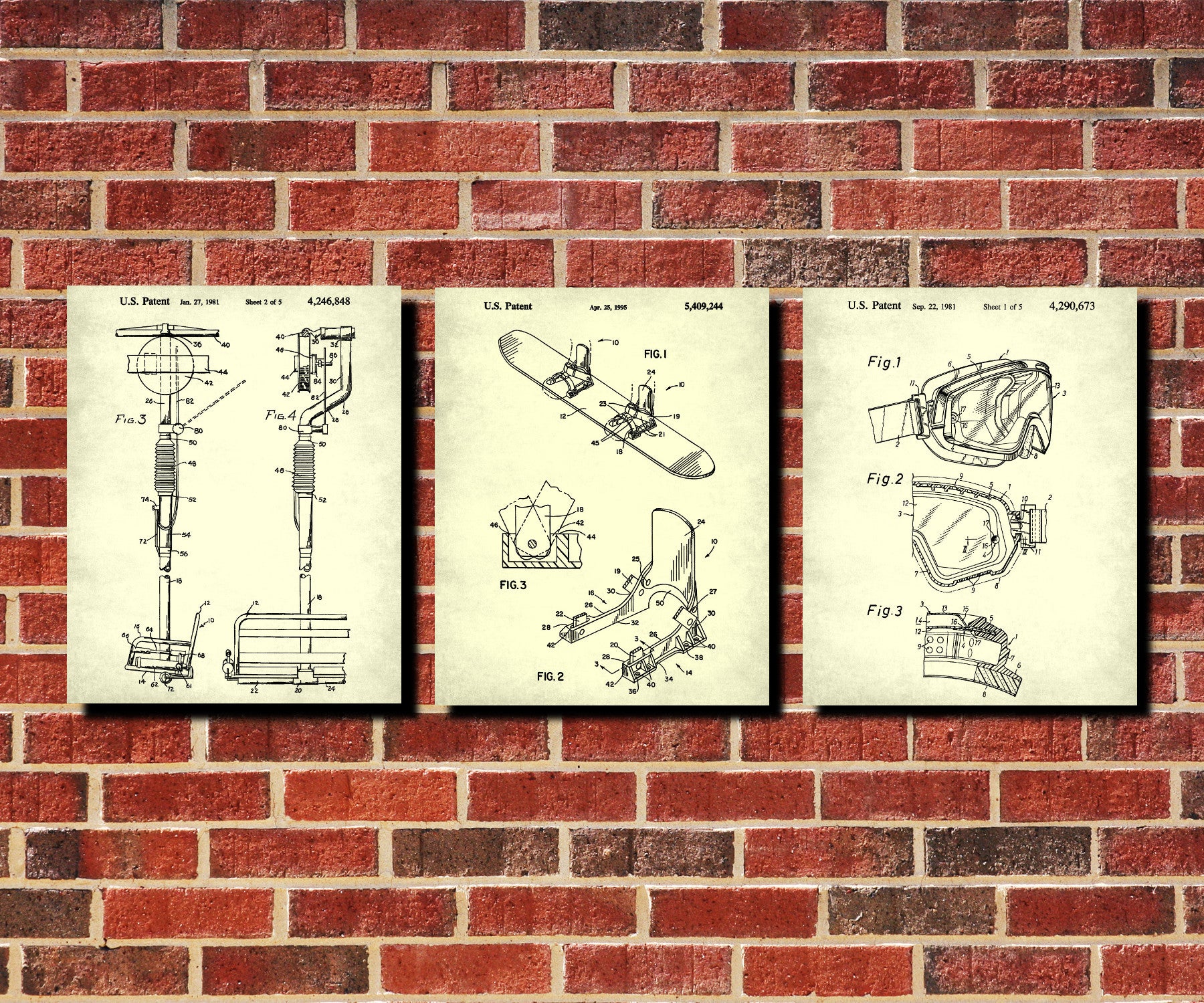 Ski Patent Prints Set 3 Posters Skiing Wall Art Cabin Decor