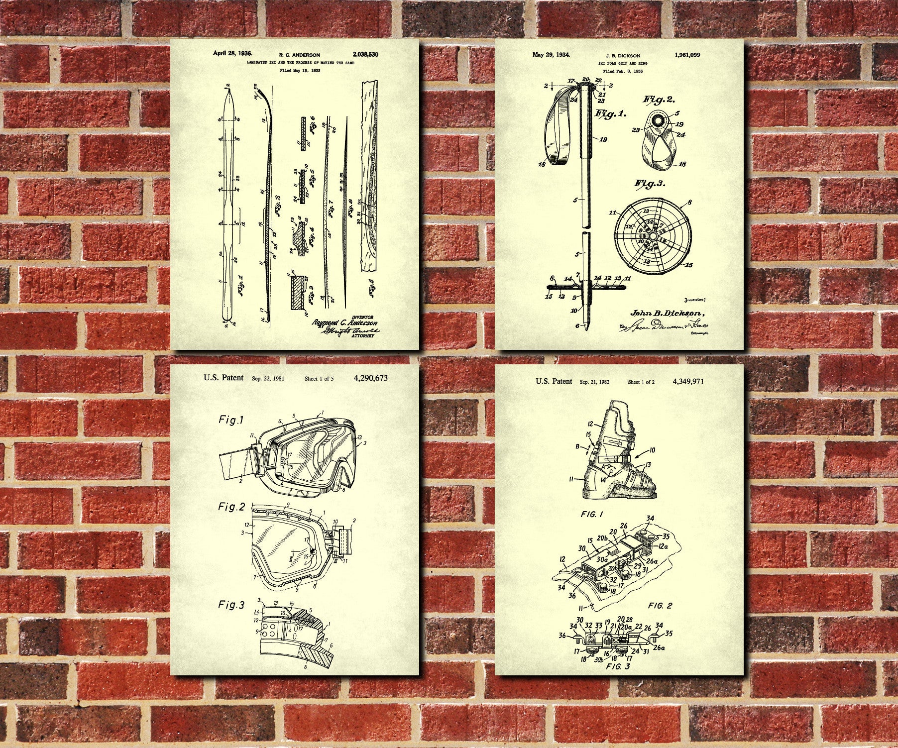 Skiing Patent Prints Set 4 Ski Wall Art Posters