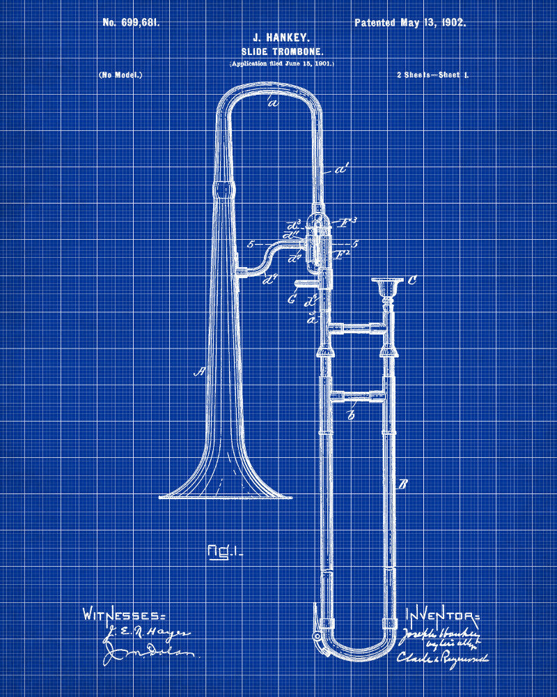 Slide Trombone Patent Print Orchestra Musical Instrument Poster