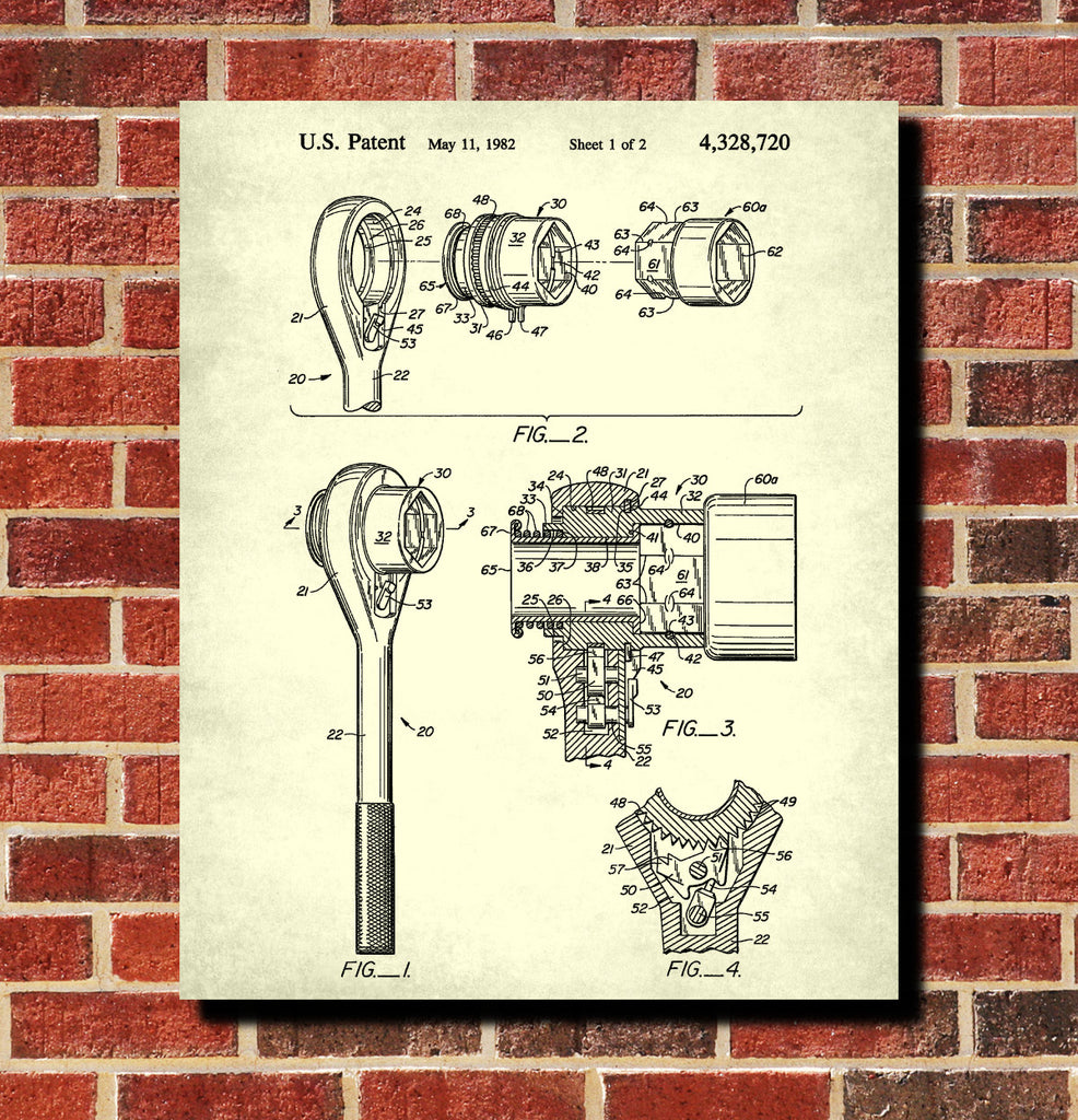 Socket Wrench Patent Print Hand Tools Blueprint Workshop Poster